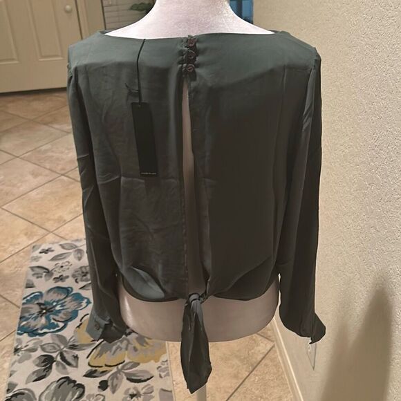 Krisa Women's S Open Back Boat Neck Blouse Dark Green Chiffon Top Contemporary - Picture 7 of 10
